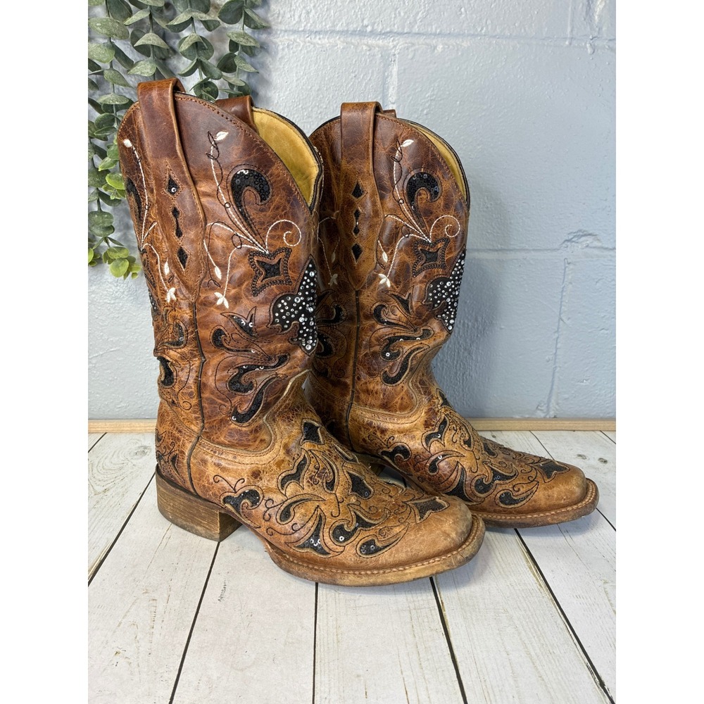 Corral Vintage Brown Leather Rhinestone Square Toe Cowboy Boots A2840 Women 7 M